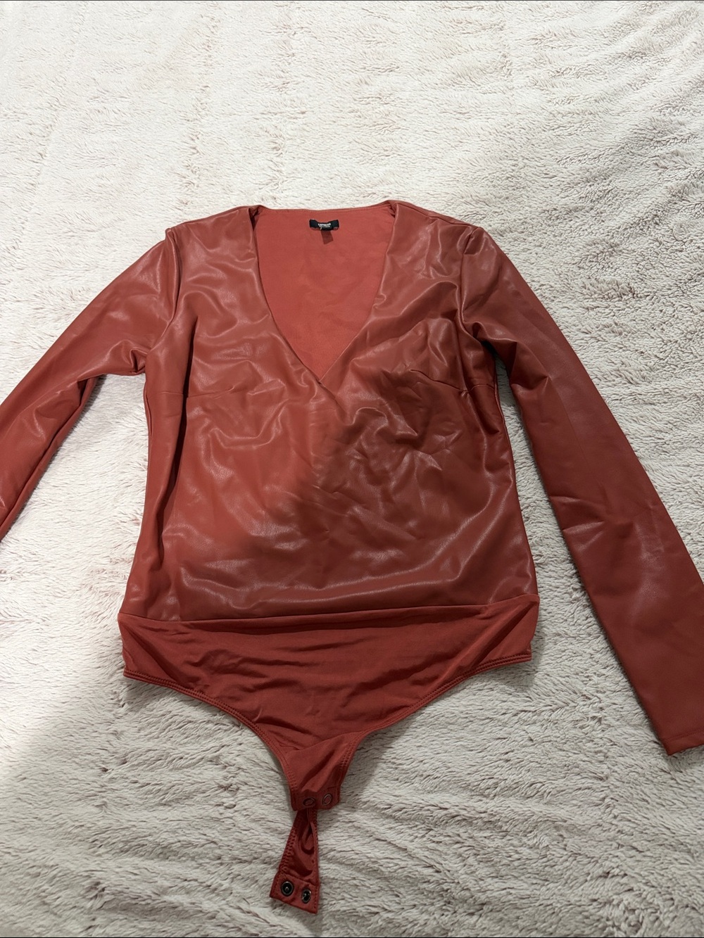 Express Rust-Colored Faux Leather V-Neck Long Sleeve Bodysuit